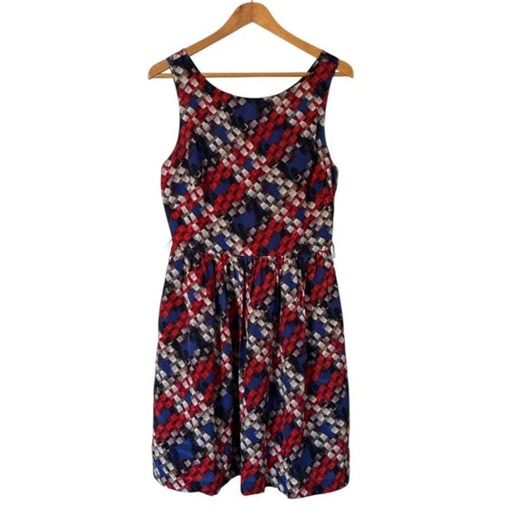 Trina Turk Silk Plaid Fit & Flare Dress Szโ 10 Multicolor Sleeveless Scoop Neck - Picture 3 of 9